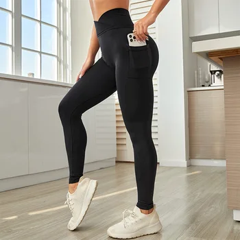 Новые однотонные черные брюки для йоги с девятиточечным боковым карманом, леггинсы для бега, фитнеса, спортивных тренировок с щеткой