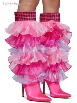 Персонализированные сапоги с оборками 2023, осенне-зимние новые женские розовые сапоги на шпильке, модные сапоги для подиума в сказочном стиле.