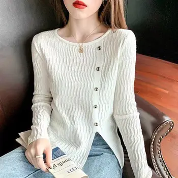 Осень и зима дна рубашки сплошной цвет тонкий вязаный свитер Женская одежда корейские пуловеры мода slim fit топ уличная