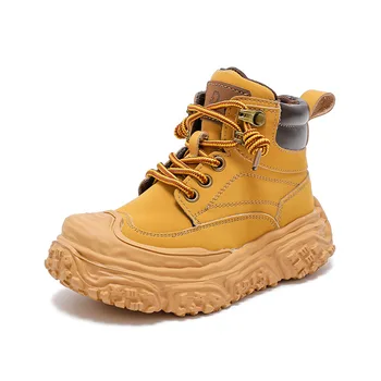 Хлопчатобумажная обувь, Кашемир, Желтые зимние ботинки для мальчиков и девочек, Детская обувь, Весенние кожаные ботинки в стиле ретро на молнии