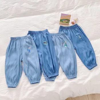 2023 Новые детские синие брюки Весна-лето, многоцветные тонкие повседневные брюки с защитой от комаров, имитация Тенсела для мальчиков и девочек
