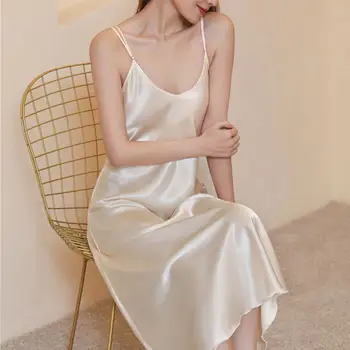 Женская атласная ночная рубашка, Длинное платье-комбинация для сна, Шелковая пижама с V-образным вырезом, однотонная ночная одежда