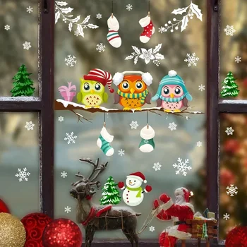 Рождественские украшения на ветках деревьев, наклейки на стену с совами, мультяшные стеклянные наклейки, самоклеящиеся наклейки для украшения стен дома