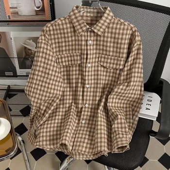 Весенне-осенняя мужская Корейская модная клетчатая рубашка с карманами, красивая стандартная блузка с длинным рукавом, специальные рубашки для мужчин E07