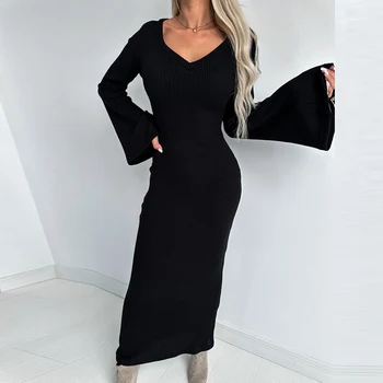 Элегантное женское облегающее платье в стиле хип-хоп, осень-зима, трикотажное вечернее платье в рубчик, сексуальное платье макси с V-образным вырезом и расклешенным длинным рукавом в стиле бохо