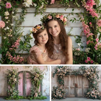 Весенний фон для фотосъемки Деревянная дверь Цветы деревенский декор Светло-розовый винтажный фон для портрета на день рождения ребенка Фотостудия