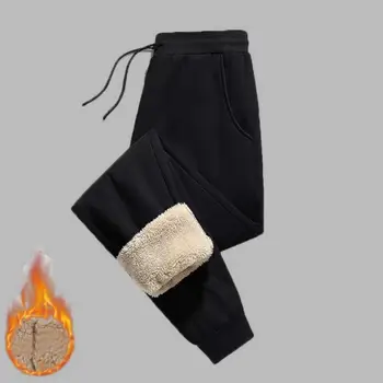 Мужские зимние спортивные штаны, толстые плюшевые мужские спортивные брюки с эластичной резинкой на талии, брюки средней длины по щиколотку и свободными карманами