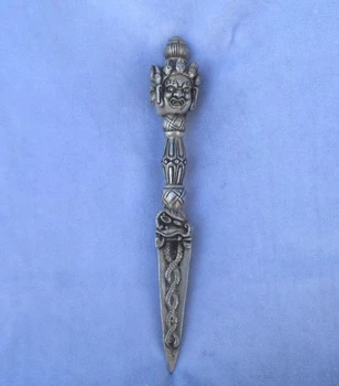 Коллекционная статуэтка тибетского серебряного буддийского меча /ритуального кинжала ручной работы из Тибета, длиной 19 см