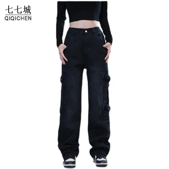 Мужская уличная одежда, хлопковые винтажные брюки-карго с большими карманами, свободные брюки с прямыми штанинами, уличная Повседневная пара мешковатых черных брюк
