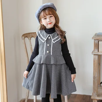 Плотное теплое шерстяное платье со шляпой на серой пуговице, Весенне-осеннее детское платье с длинными рукавами, одежда для маленьких девочек от 3 до 12 лет