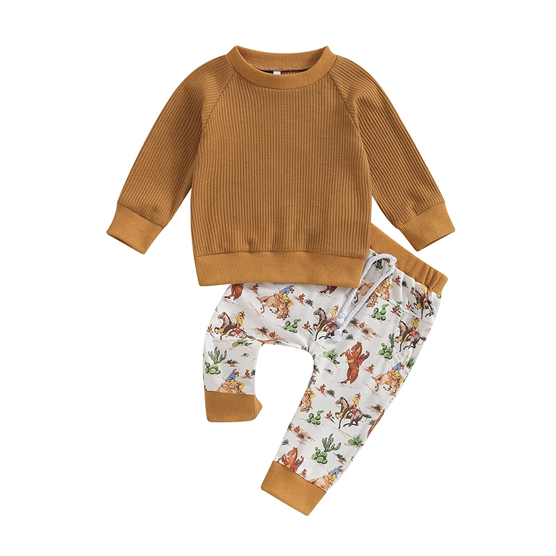 Осенняя одежда в западном стиле для маленьких мальчиков, толстовка с длинным рукавом, брюки с рисунком крупного рогатого скота, повседневная одежда из 2 предметов