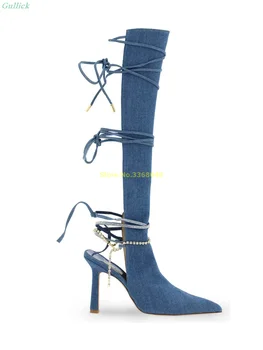 Синие сапоги из денима с вырезом сзади, с ремешком-цепочкой, завязывающимся на шнуровке, с острым носком, Летние женские модельные ботинки на шпильке, туфли на тонком высоком каблуке