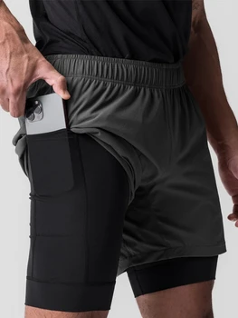Трансграничные Новые мужские спортивные двухслойные шорты с бесшовной эластичной подкладкой, дышащие брюки для фитнеса 2 в 1 большого размера