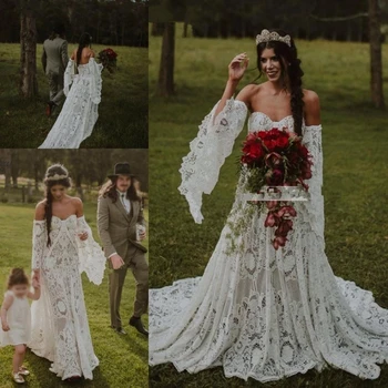 Винтажные вязаные крючком кружевные свадебные платья с длинным рукавом и открытыми плечами Сельские богемные платья невесты в стиле хиппи vestidos de novia