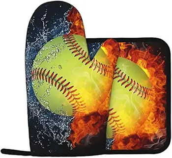 Наборы Прихваток и Прихваткодержателей Baseball On Fire - Нескользящие Термостойкие Кухонные Перчатки и Подставка для Прихватки для Приготовления Пищи, Выпечки, Приготовления на гриле