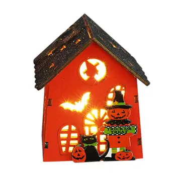 Мини-деревянный подвесной Домик, фонари на Хэллоуин, подвесные фонари на батарейках, тыквенная лампа для вечеринки на Хэллоуин