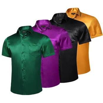 Атласные гладкие рубашки с коротким рукавом для мужчин, летние однотонные красные, белые, черные, гавайские социальные рубашки, блузка, одежда, футболка