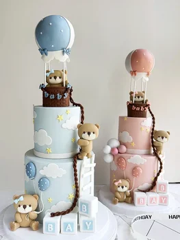 Украшения для праздничного торта Милый Розовый Голубой Мишка С шариками-паровозиками, Вставка для торта, Топпер для вечеринки по случаю 1-го Дня рождения Мальчика и девочки, принадлежности для душа ребенка
