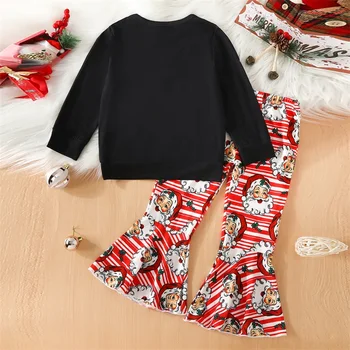 Рождественские Наряды для маленьких девочек, толстовка с длинным рукавом и принтом Санта-Клауса, расклешенные брюки, комплект из 2 предметов, рождественская расклешенная одежда