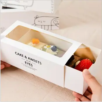 20шт. Бумажная коробка для рулета торта, Выдвижной ящик, Бумажная коробка для торта и упаковка, Подарочная коробка для выпечки из белого картона с окошком