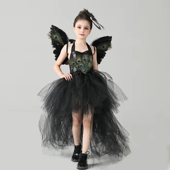 Платья на Хэллоуин для девочек, сетчатое пышное платье, праздничное платье с павлиньим абзацем, черное платье с пайетками и шлейфом.