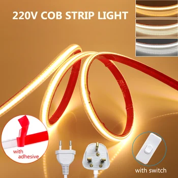 220V COB Led Strip Light Водонепроницаемый 288LEDs/m Клейкий COB Light Теплый Белый/ Натуральный Белый/ Белый С Переключателем для Дома на открытом воздухе