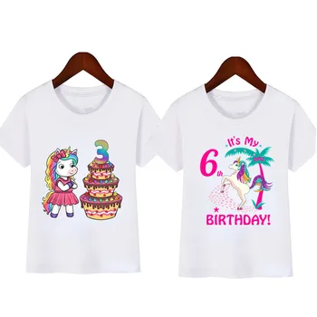 Детская футболка с радужным единорогом на день рождения, футболка 1-9, дикая футболка, футболка для девочек, одежда на тему Единорога, подарки, модные топы, футболка