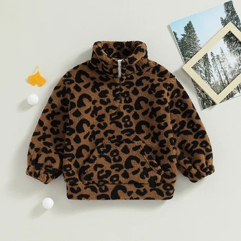Зимняя теплая куртка для малышей, толстовка с пушистым леопардовым принтом с длинным рукавом, детское пальто, Верхняя одежда