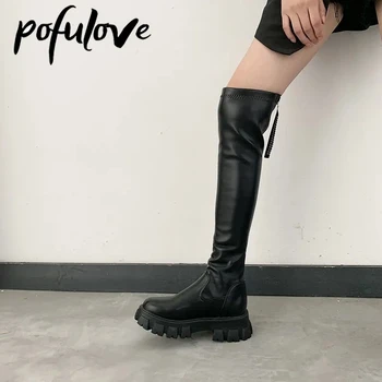 Сапоги выше колена Pofulove, кожаные сапоги до бедра, пикантная женская обувь, черные зимние ботинки, дизайнерские ботинки на платформе