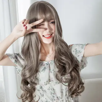 Оптовая Продажа Япония Корея Азия Парик Красоты Воздушная Челка Длинные Вьющиеся Волосы Большие Волны Реалистичный Женский Головной Убор Из Цельных Длинных Волос