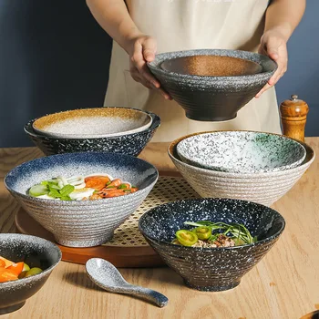 Керамическая миска для обжига лапши в стиле ретро-шляпа Lamian в японском стиле - супница большой емкости, подходящая для суши-магазина.