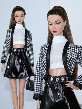 Комплект одежды/ белый топ + пальто в сетку + черная юбка/ кукольная одежда осенний костюм для куклы Барби 1/6 Xinyi FR ST