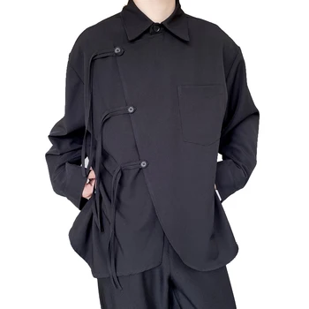 Повседневные мужские рубашки Роскошная дизайнерская однотонная уличная одежда С длинным рукавом и диагональными пуговицами Свободная Японская модная мужская одежда