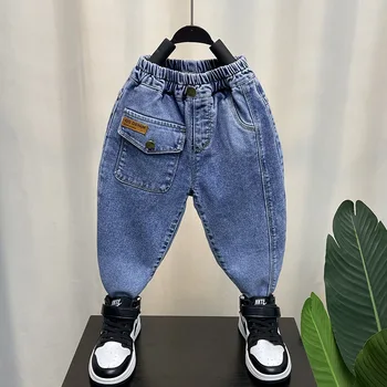 Новые джинсы для мальчиков, синие Весенне-осенние повседневные джинсовые брюки для девочек, хлопковые Детские брюки, детские штаны от 2 до 10 лет