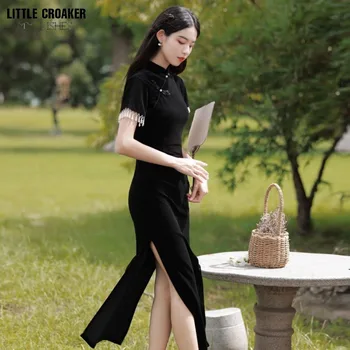 Платье Ципао, Новое китайское Винтажное Традиционное Китайское Черное Длинное платье Чонсам, Улучшенное платье для темперамента высокого класса