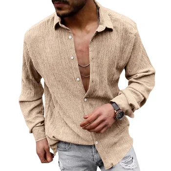 Винтажные мужские рубашки, хлопчатобумажная льняная свободная рубашка с длинным рукавом, повседневная пляжная рубашка большого размера, мужская одежда, модные топы с лацканами на пуговицах