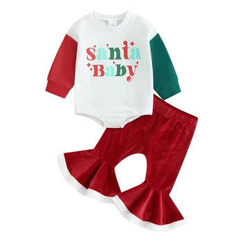 Bmnmsl Рождественская одежда для новорожденных девочек с буквенным принтом, комбинезон с длинным рукавом, бархатные расклешенные брюки, наряд контрастного цвета.