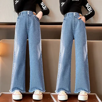 Модные джинсы для девочек на весну-осень, свободные широкие брюки для подростков, повседневные универсальные прямые брюки для детей 13, 14, 15 лет