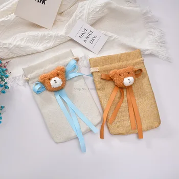 Хлопковые подарочные пакеты с мультяшным медведем на шнурке Упаковка для конфет 