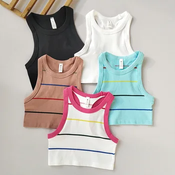 Рубашки для йоги, разноцветный полосатый вязаный винтажный американский жилет, женский летний топ с вырезом изнутри, подтяжки на шее