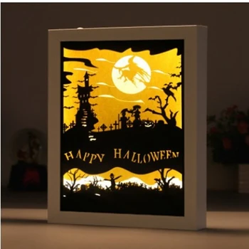 1 ШТ Настольная лампа для 3D-резьбы по бумаге на Хэллоуин, креативная теневая роспись, как показано Дерево + пластик, Креативный ночной пейзаж своими руками