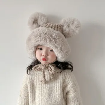 Детская плюшевая вязаная шапка в корейском стиле с милыми ушками, идеально подходящая для осени и зимы. Обеспечивает модную защиту ушей для мальчиков a