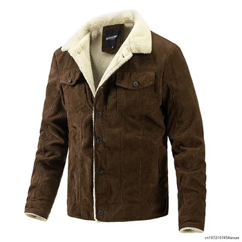 Мужское зимнее флисовое пальто, Вельветовая повседневная парка с отложным воротником, теплые куртки для мужчин, однобортное пальто с двумя карманами,