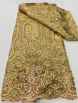 Модная Африканская вышивка Тюль 5 ярдов Кружевная сетка Блестки Золотая ткань Вечерние платья Ткань для женщин Пошив Тканей по метрам