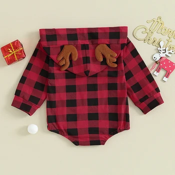 Рождественский наряд для маленькой девочки, красный комбинезон в клетку с капюшоном с длинным рукавом и одним карманом, осенне-зимняя одежда для младенцев