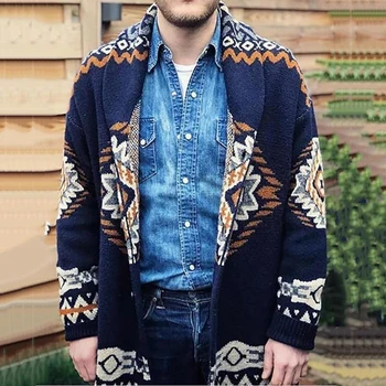Мужская модная повседневная жаккардовая вязаная куртка с тотемом в стиле ретро с длинными рукавами, осенне-зимний свободный кардиган с отворотом, свитер