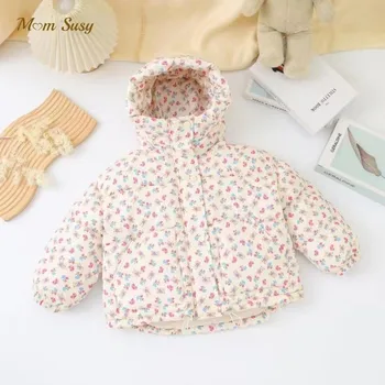Модная куртка с капюшоном с цветочным принтом для маленьких девочек, пальто для малышей с хлопковой подкладкой, зимняя теплая толстая верхняя одежда для малышей от 1 до 10 лет