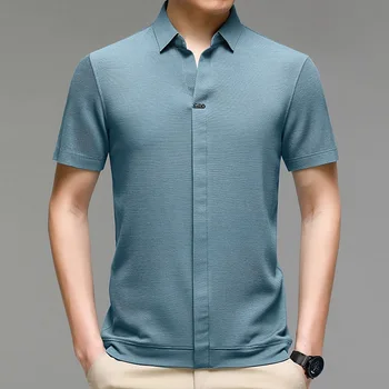 Летняя мужская деловая рубашка из шелка тутового цвета с короткими рукавами, однотонная модная повседневная офисная одежда для тренировок, Негладкая официальная одежда