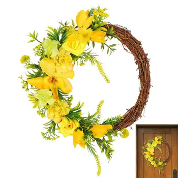 Венок из желтых роз, эстетичные Желтые розы, Реалистичный весенний венок, Настенные художественные принадлежности для входной двери, каминов, окон