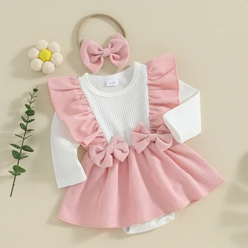 Комплект одежды из 2 предметов для маленьких девочек контрастных цветов, вельветовое платье-ползунки в рубчик с длинными рукавами и милая повязка на голову